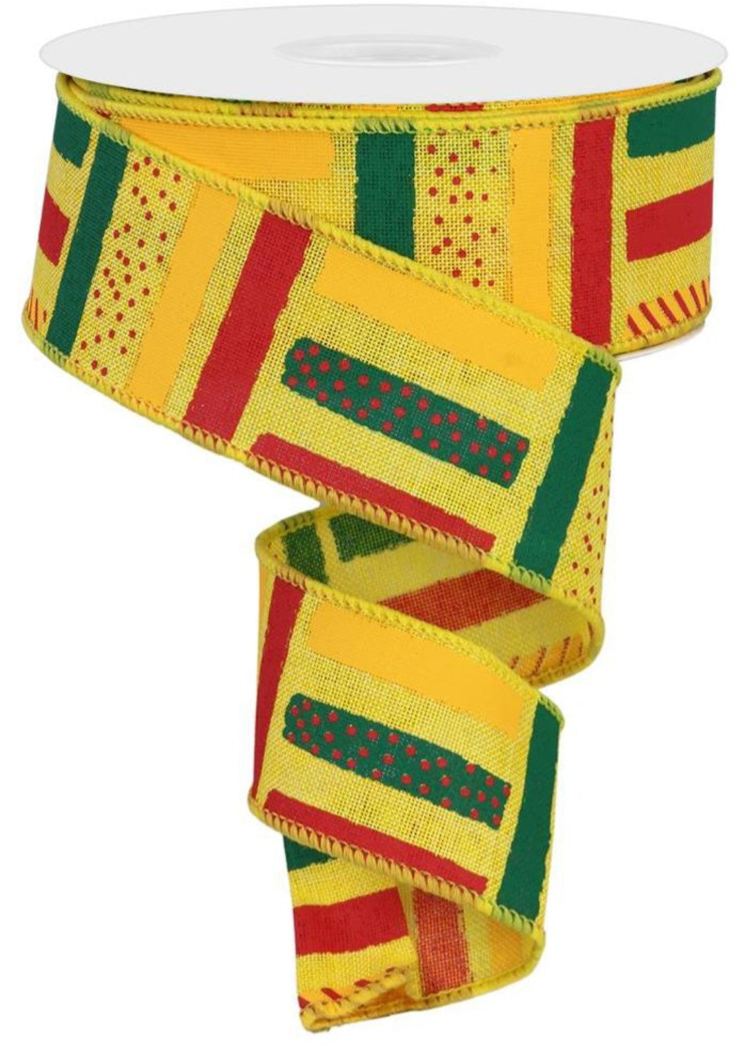 10 Yards - 1.5" Wired Yellow, Red, and Green Brushstroke Dot Ribbon - Juneteenth Inspired Ribbon