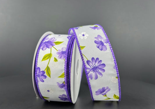 10 Yards - 1.5" Wired White Background Purple Floral Ribbon