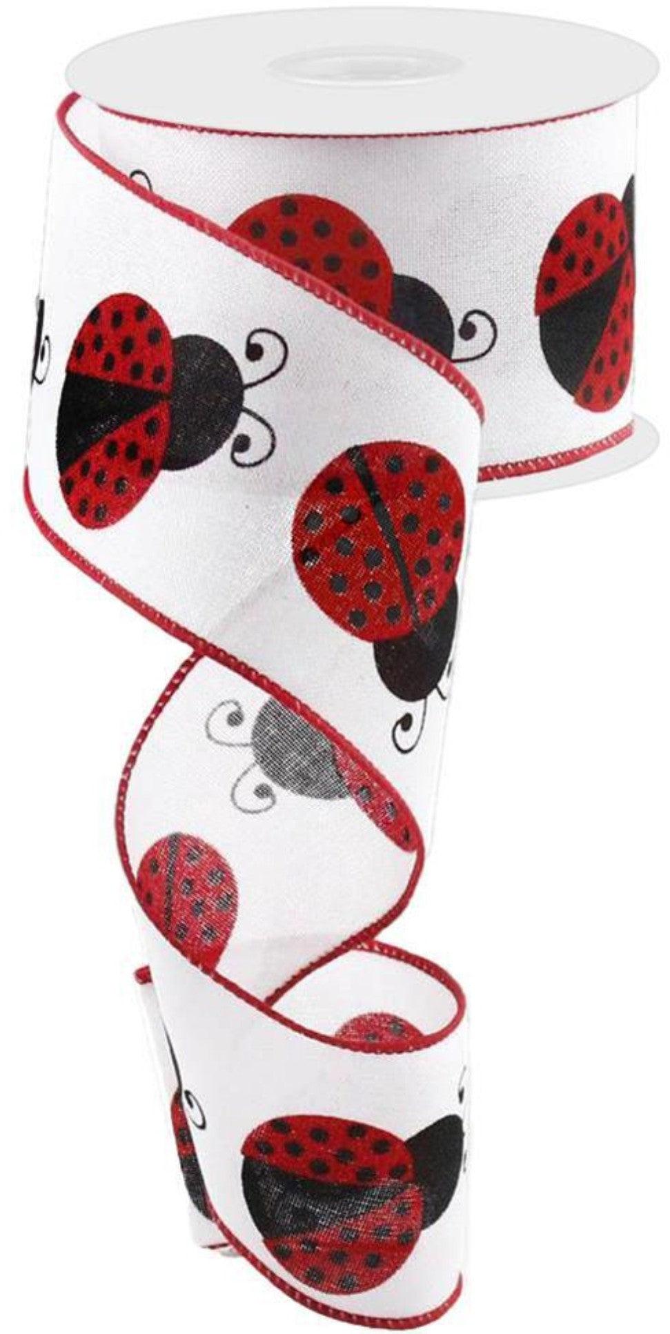 10 Yards - 2.5" Wired White Background Ladybug Ribbon