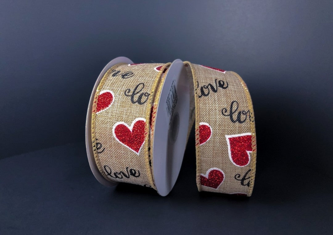 10 Yards - 1.5" Natural Background Glitter Love Heart Valentines Day Ribbon