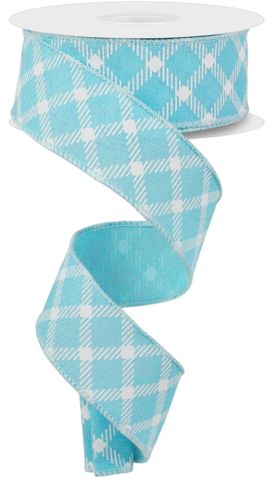 10 Yards - 1.5" Wired Aqua Blue and White Cross Plaid Ribbon