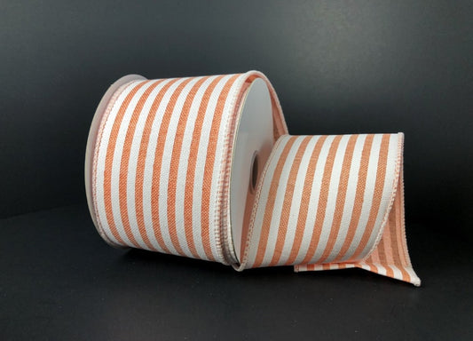 10 Yards - 2.5" Wired Peach and White Stripe Ribbon