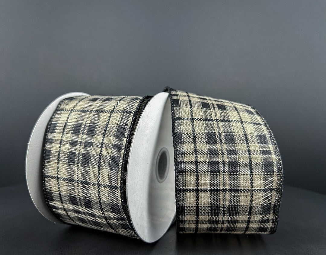 10 Yards - 2.5" Wired Black and Tan Check Ribbon