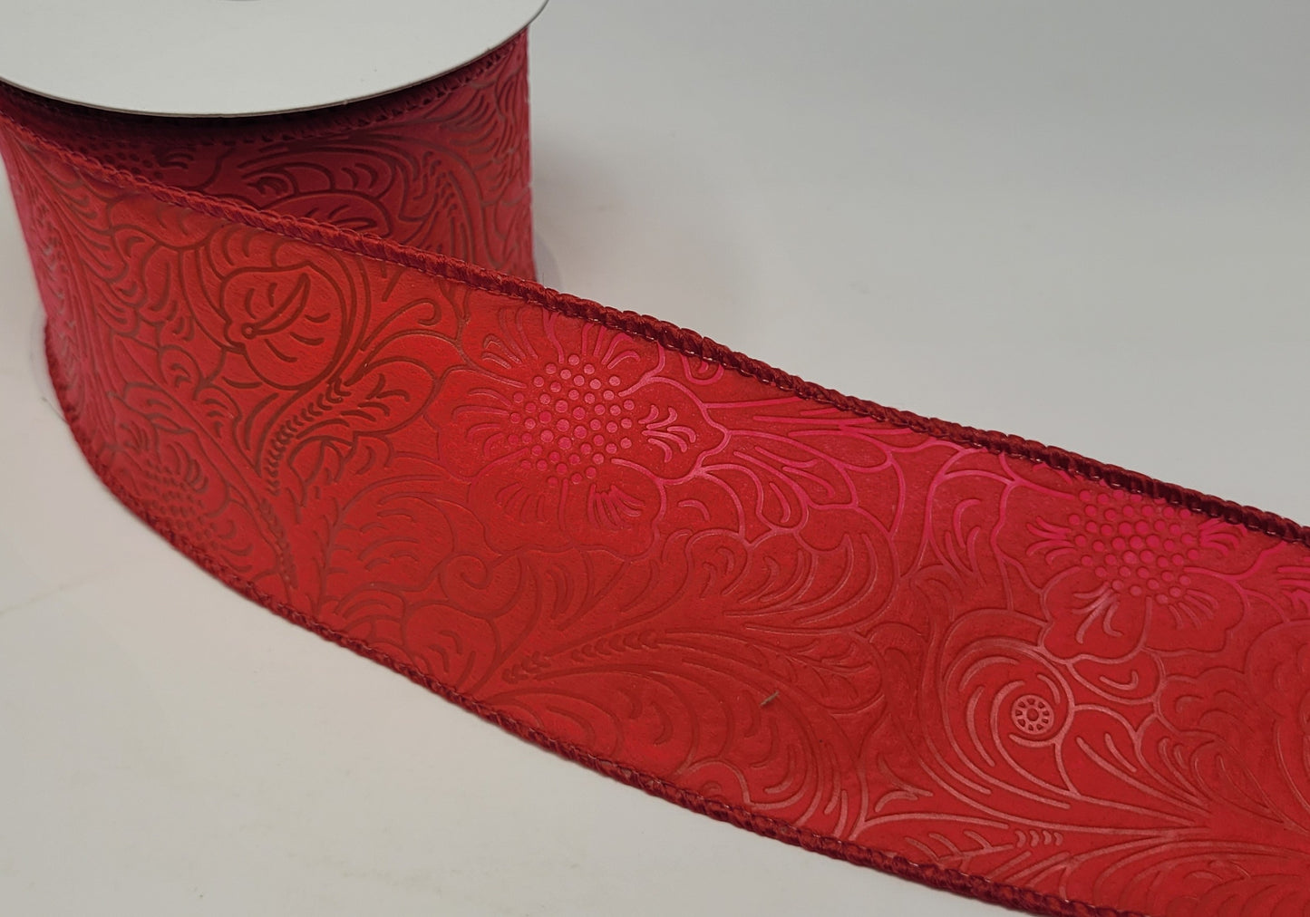 10 Yards - 2.5" Wired Red Floral Embossed Ribbon