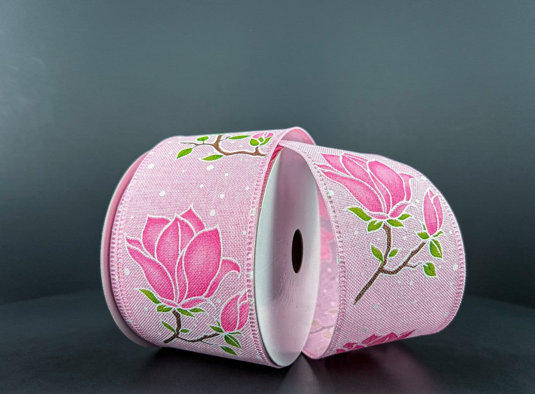 10 Yards - 2.5" Wired Pink Background Lotus Flower Ribbon