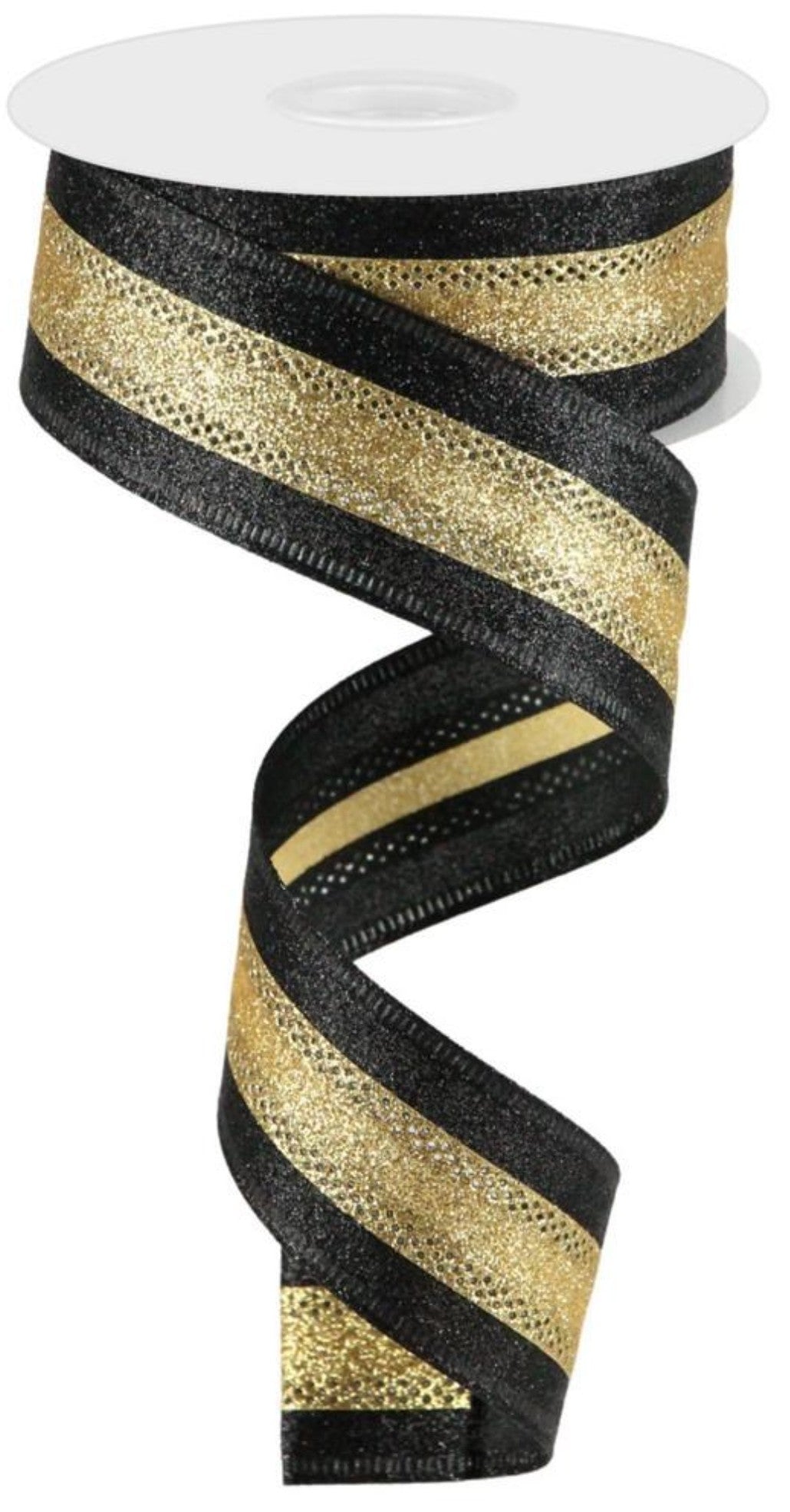 10 Yards - 1.5" Wired Black and Gold Heavy Glitter Ribbon