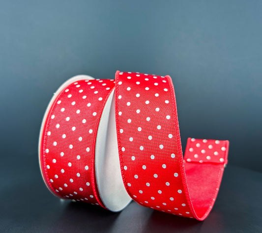 10 Yards - 1.5" Wired Red and White Tiny Polka Dot Ribbed Satin Ribbon