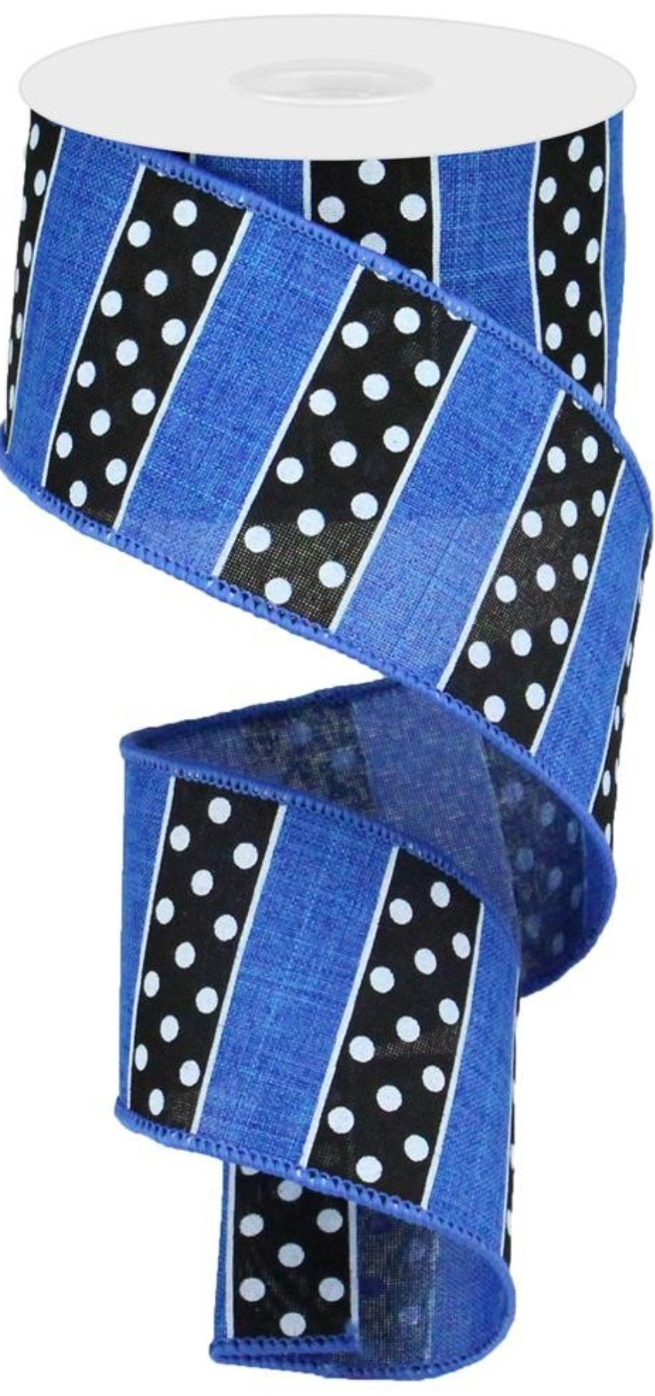 10 Yards - 2.5" Wired Royal Blue, Black, and White Stripe Polka Dot Ribbon