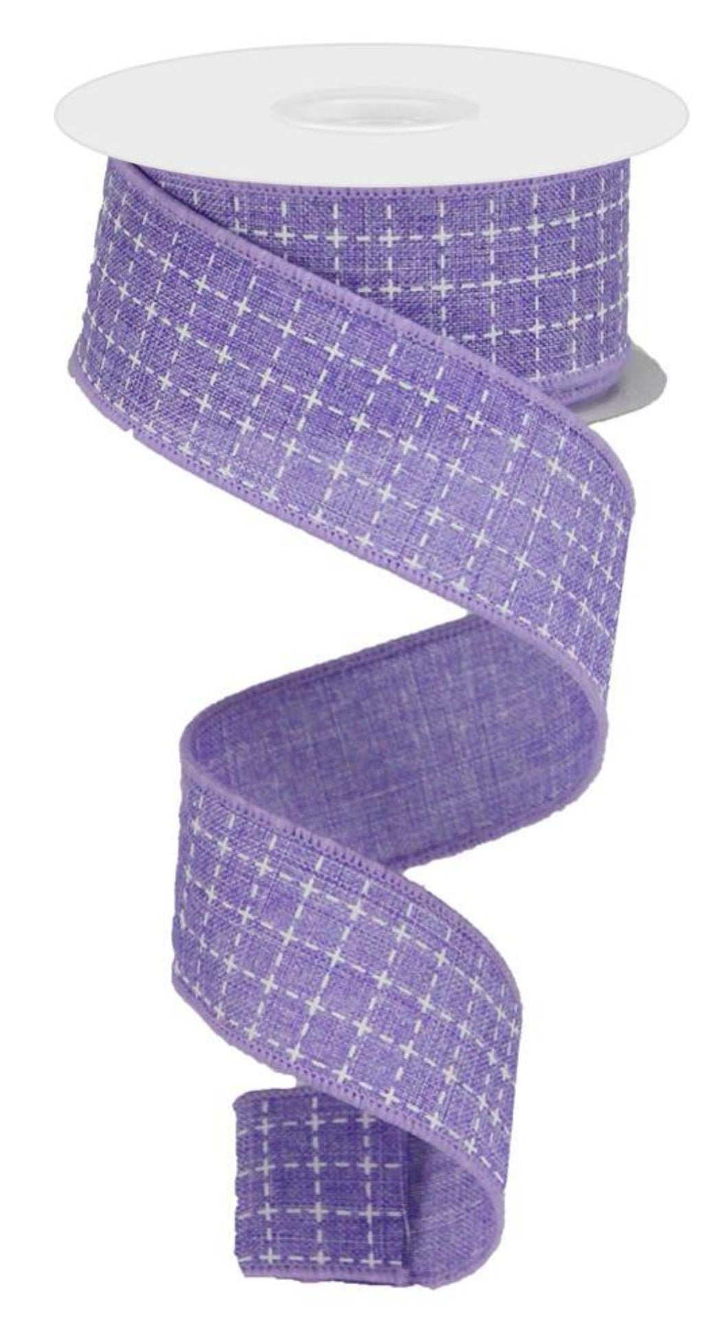 10 Yards - 1.5" Wired Lavender and White Faux Stitched Check Ribbon