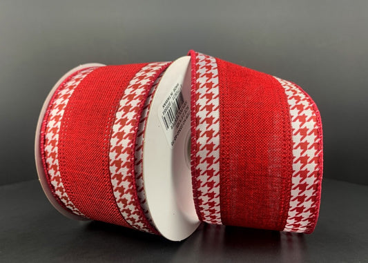 10 Yards - 2.5" Wired Dark Red and White Ribbon with Herringbone Edge