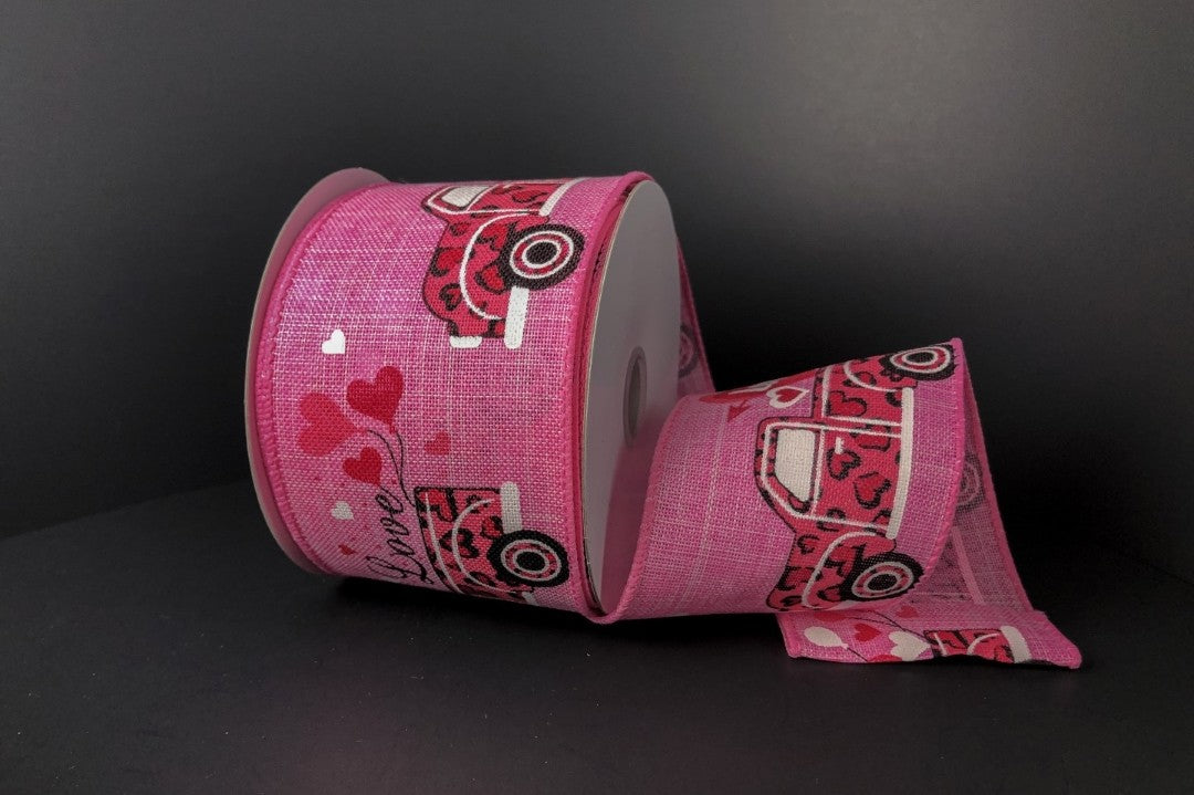 10 Yards - 2.5" Wired Pink Background Cheetah Truck Valentines Day Ribbon