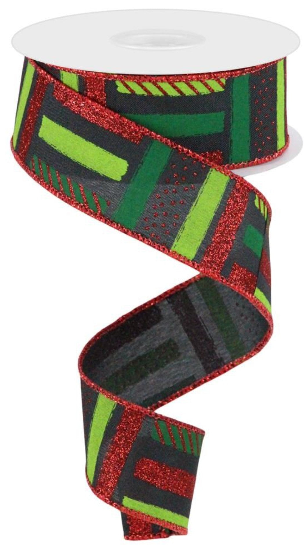 10 Yards - 1.5" Wired Black, Green, and Red Brushstroke Dot Glitter Ribbon