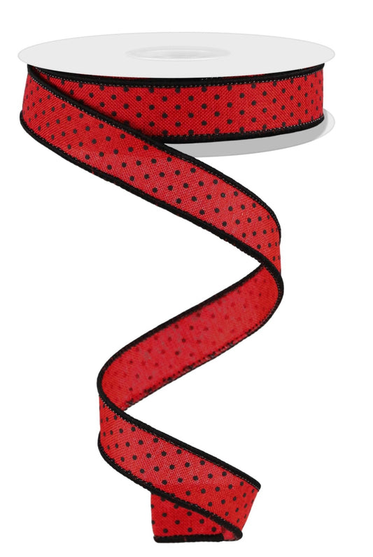 10 Yards - 7/8" Wired Red and Black Swiss Dot Ribbon