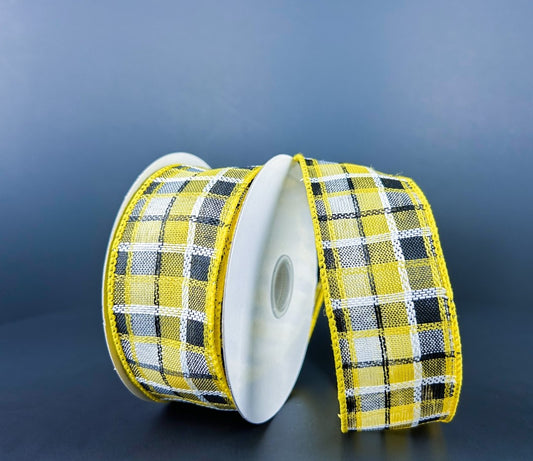 10 Yards - 1.5" Wired Yellow, Black, and White Check Ribbon