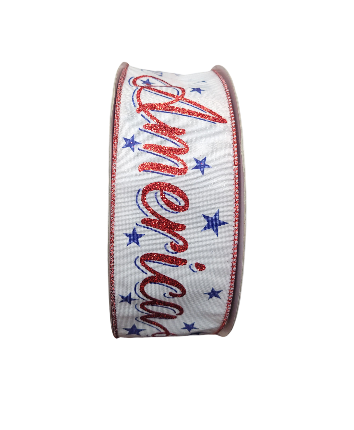 100 Feet - 2.5" Wired White Satin Land of the Free Patriotic Ribbon with Glitter Accent