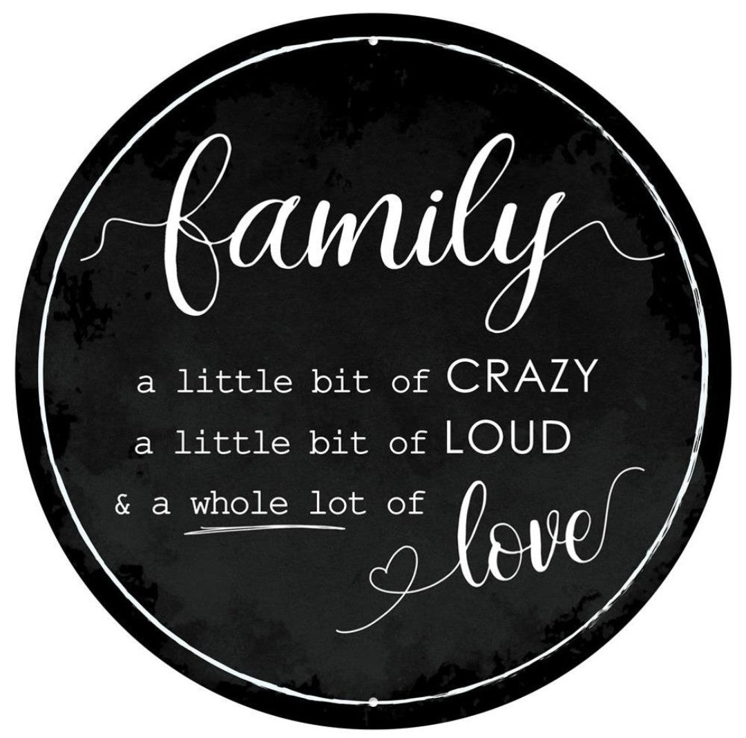 12" Round Metal Black and White Family Wreath Sign