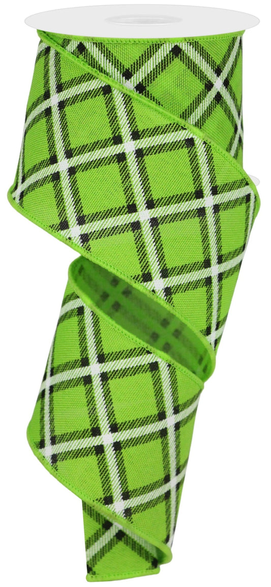 10 Yards - 2.5" Wired Lime Green, Black, and White Cross Check Ribbon