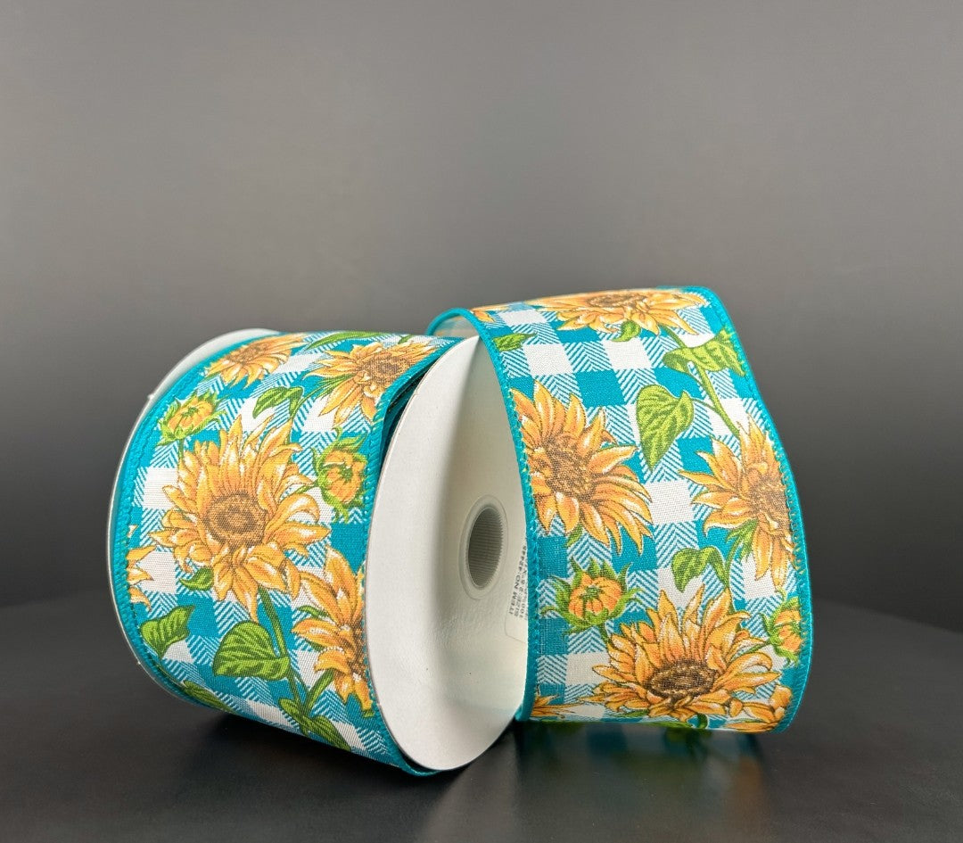 10 Yards - 2.5" Wired Blue and White Check Background Sunflower Ribbon