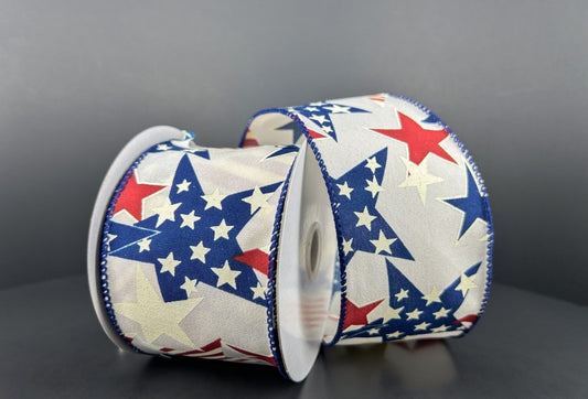 10 Yards - 2.5" Wired Cream Background Patriotic Star Ribbon