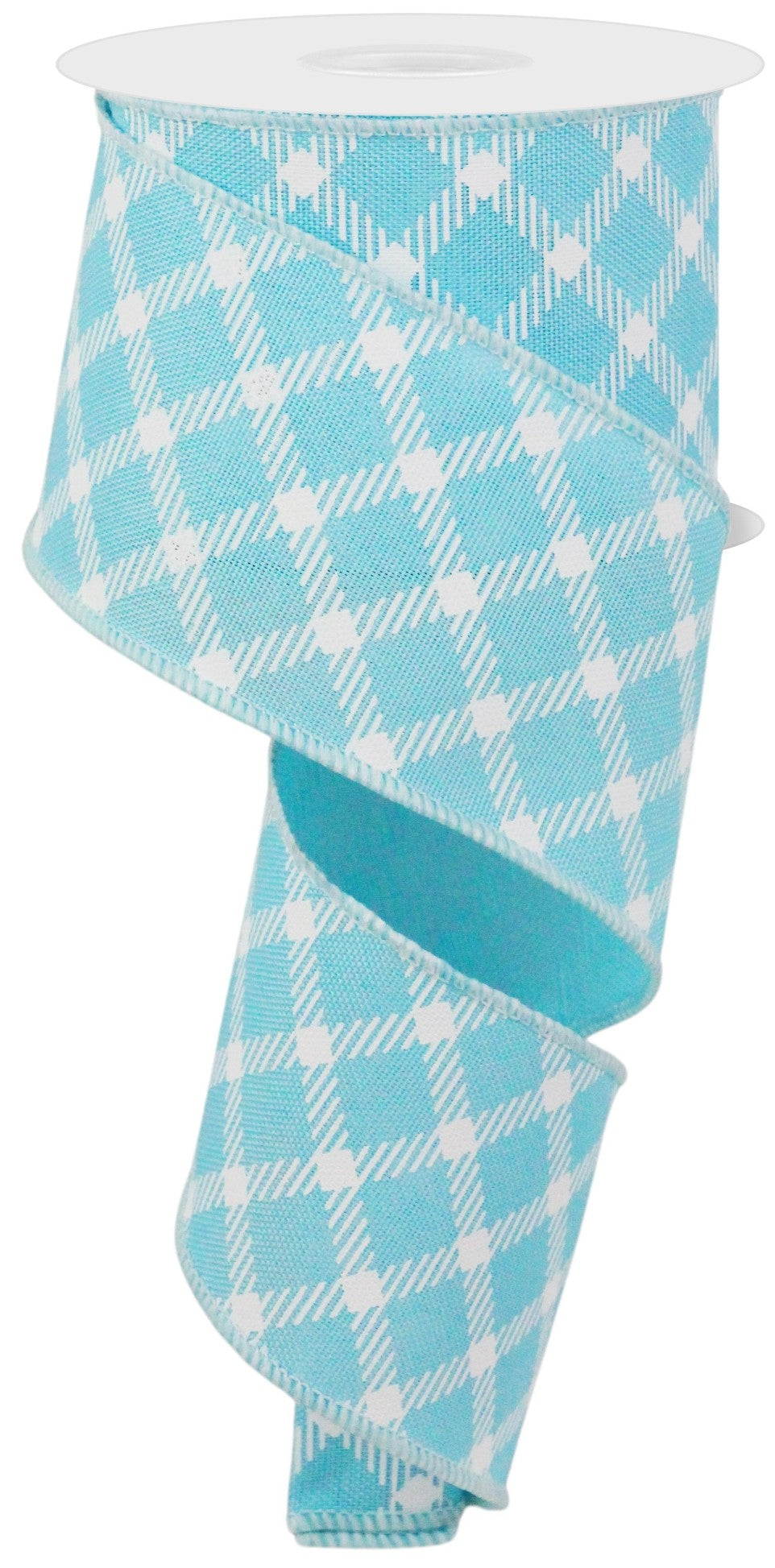 10 Yards - 2.5" Wired Light Blue and White Cross Plaid Ribbon