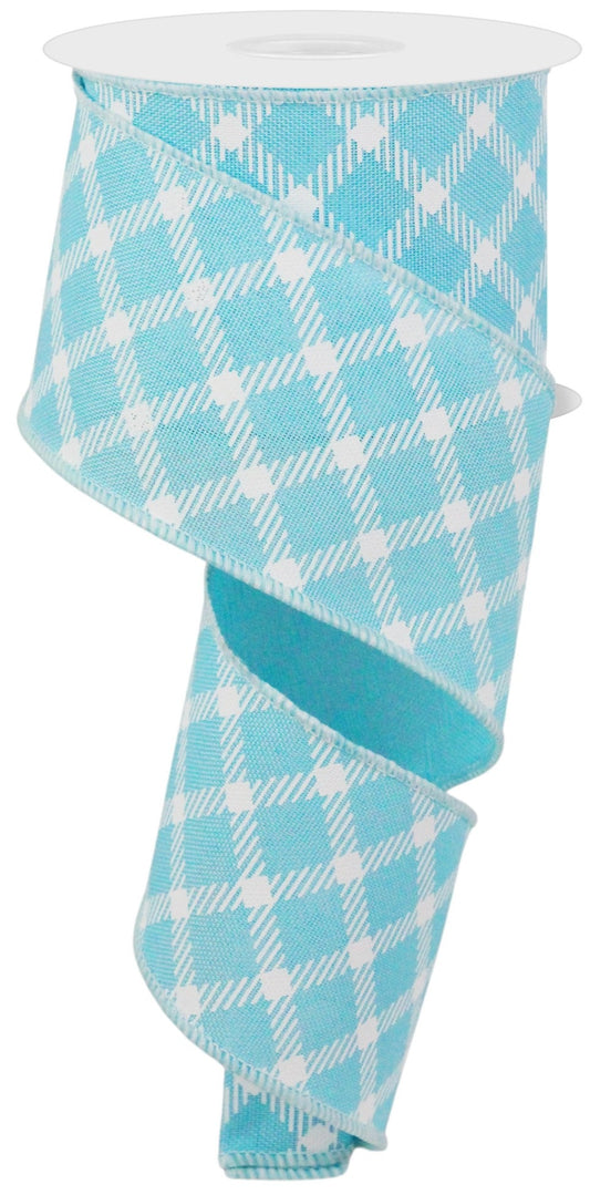 10 Yards - 2.5" Wired Light Blue and White Cross Plaid Ribbon