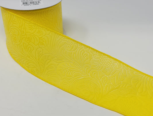 10 Yards - 2.5" Wired Yellow Floral Embossed Ribbon