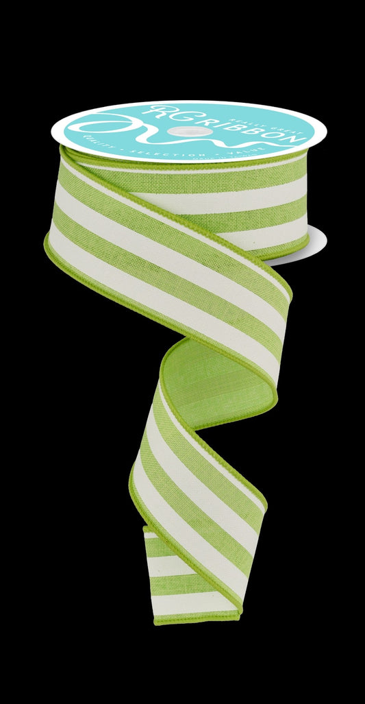 10 Yards - 1.5" Wired Lime Green and White Stripe Ribbon