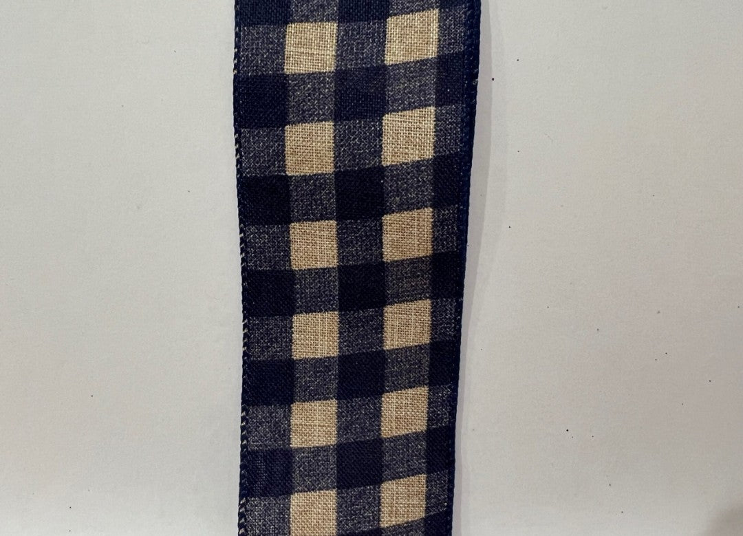 10 Yards - 2.5" Wired Dark Navy and Natural Check Ribbon