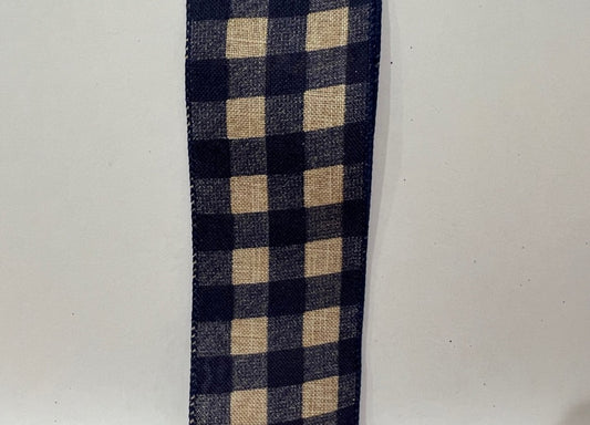 10 Yards - 2.5" Wired Dark Navy and Natural Check Ribbon