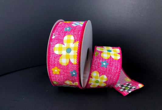 10 Yards - 1.5" Wired Pink Background Check Floral Ribbon