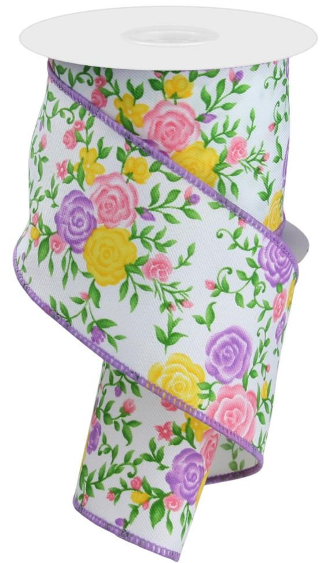 10 Yards - 2.5" Wired Lavender, Pink, and Yellow Spring Rose Ribbon