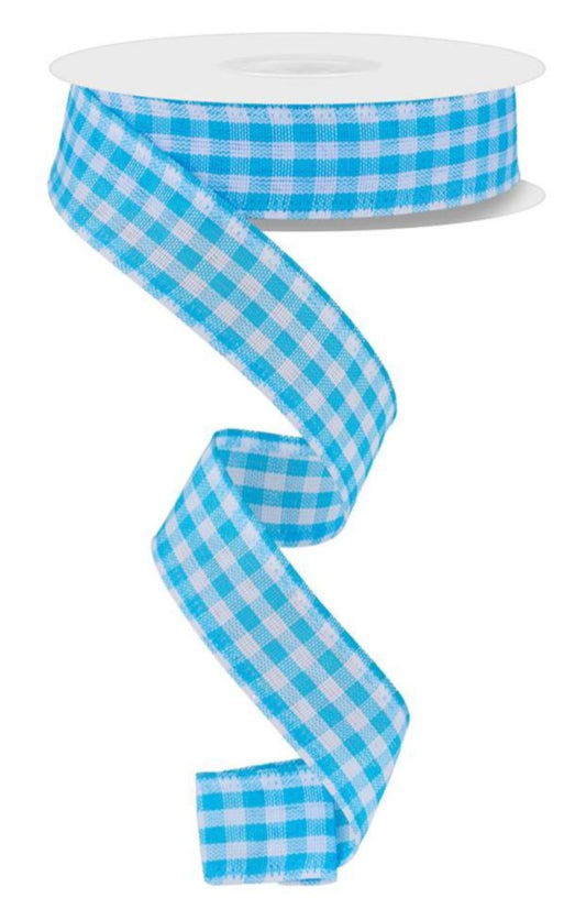 10 Yards - 7/8" Wired Blue and White Gingham Check Ribbon