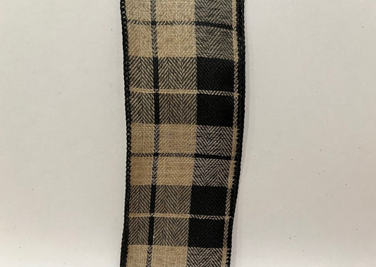 10 Yards - 2.5" Wired Black and Tan Check Ribbon