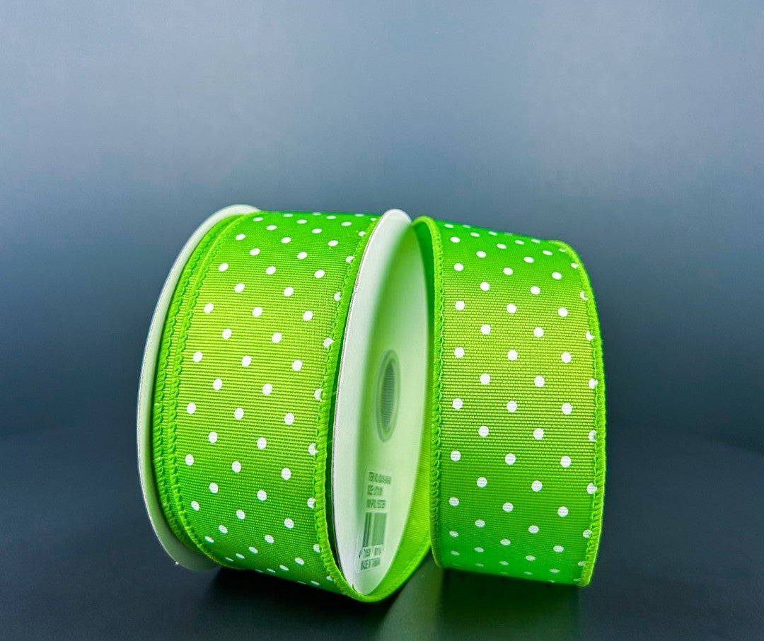 10 Yards - 1.5" Wired Lime Green and White Tiny Polka Dot Ribbed Satin Ribbon