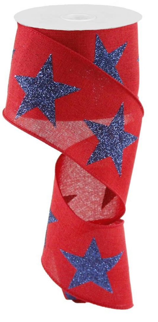 10 Yards - 2.5" Wired Red Background Blue Glitter Star Patriotic Ribbon