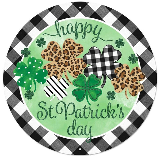 12" Round Metal Happy St Patrick's Day Wreath Sign with Glitter Accent