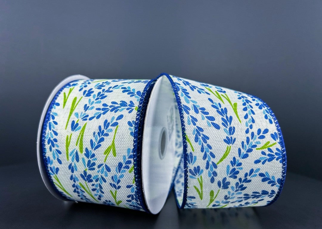 10 Yards - 2.5" Wired Cream Background Blue Lavender Floral Ribbon