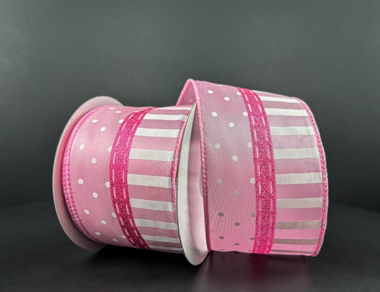 10 Yards - 2.5” Wired Satin Pink and White Stripe Polka Dot Ribbon with Glitter Accent