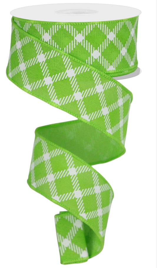 10 Yards - 1.5" Wired Lime Green and White Cross Plaid Ribbon