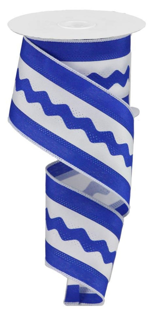 10 Yards - 2.5" Wired Royal Blue and White Ric Rac Ribbon