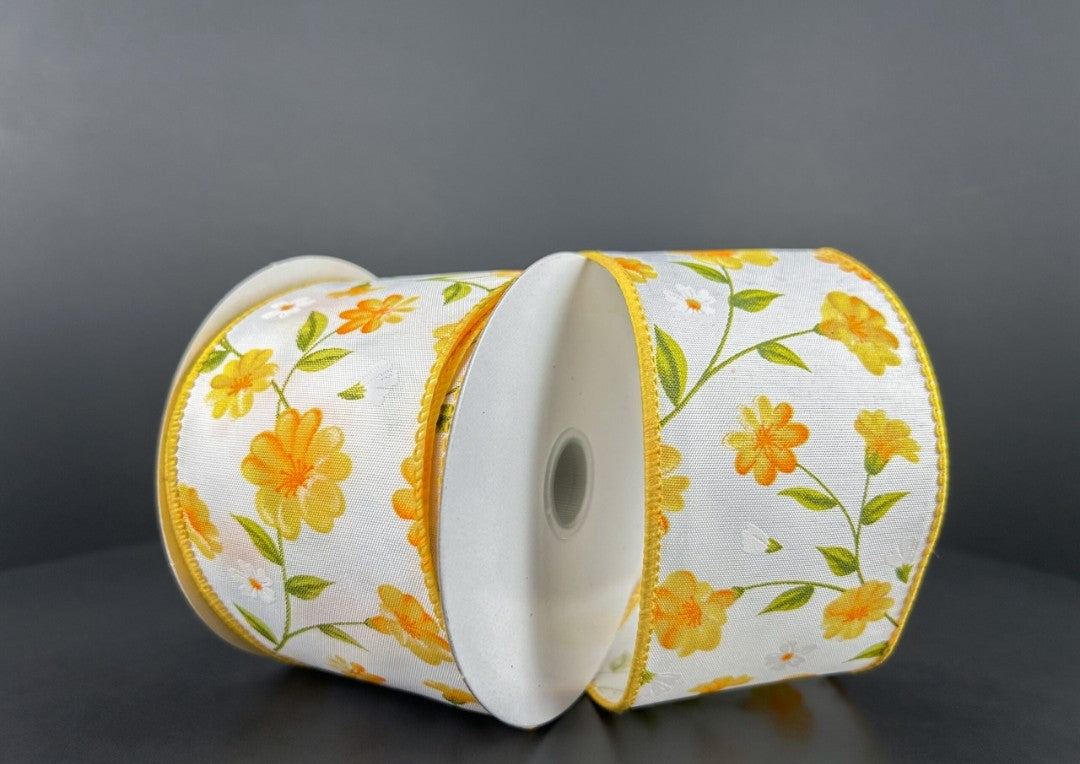 10 Yards - 2.5" Wired White Background Yellow Floral Ribbon