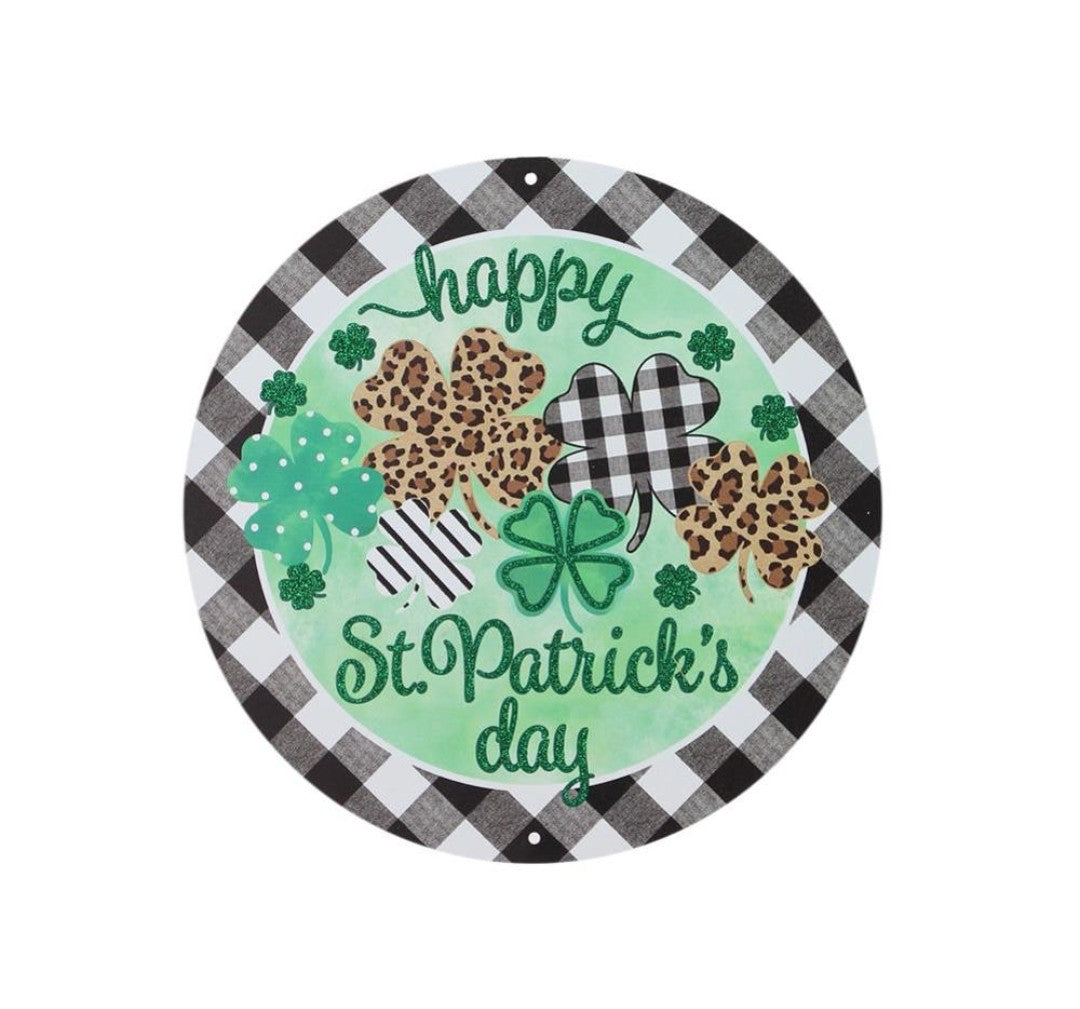 8" Round Metal Happy St Patrick's Day Wreath Sign with Glitter Accent