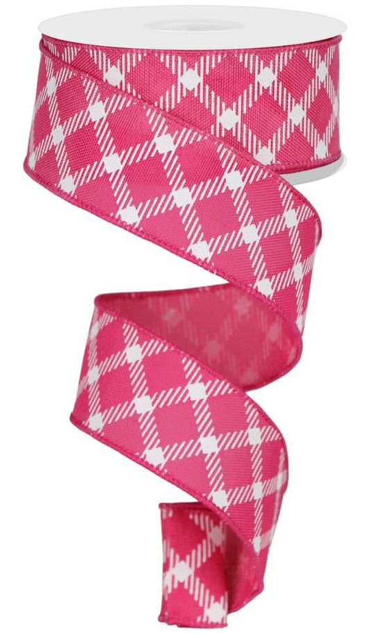 10 Yards - 1.5" Wired Hot Pink and White Cross Check Ribbon