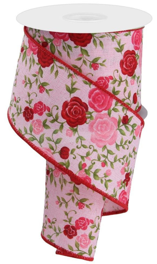 10 Yards - 2.5" Wired Pink Background Rose Floral Ribbon