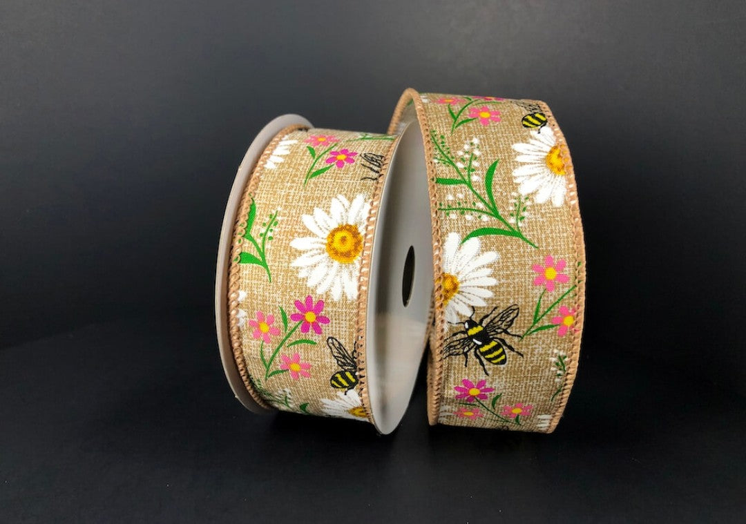 10 Yards - 1.5" Wired Natural Background Daisy and Bee Floral Ribbon