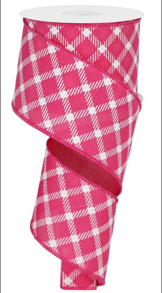 10 Yards - 2.5" Wired Hot Pink and White Cross Check Ribbon