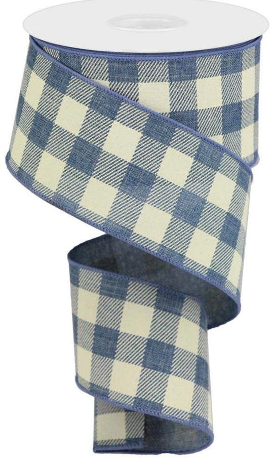 10 Yards - 2.5" Wired Denim Blue and Cream Check Ribbon