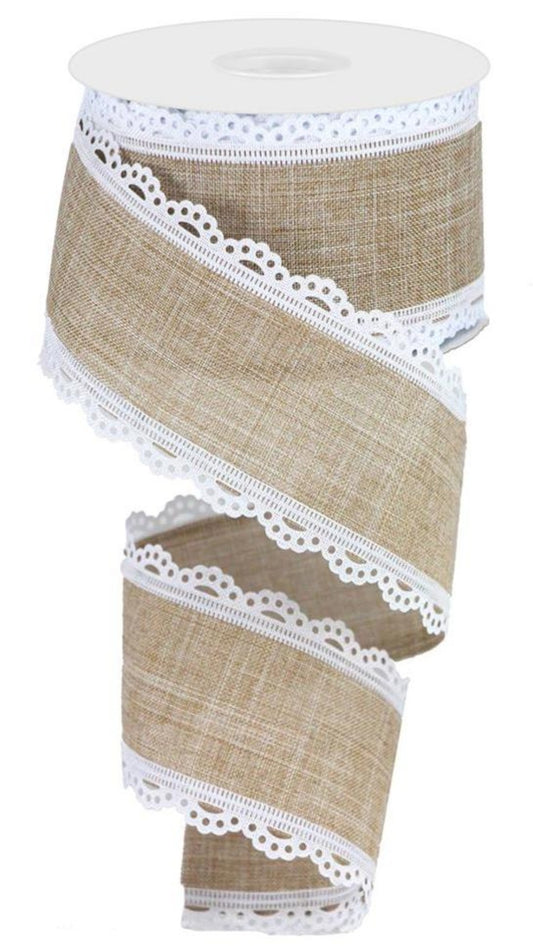 10 Yards - 2.5" Wired Natural Linen Ribbon with White Lace Edge