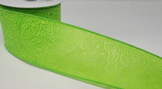 10 Yards - 2.5" Wired Lime Green Floral Embossed Ribbon