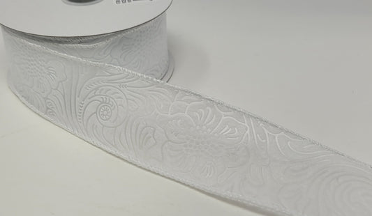 10 Yards - 1.5" Wired White Floral Embossed Ribbon